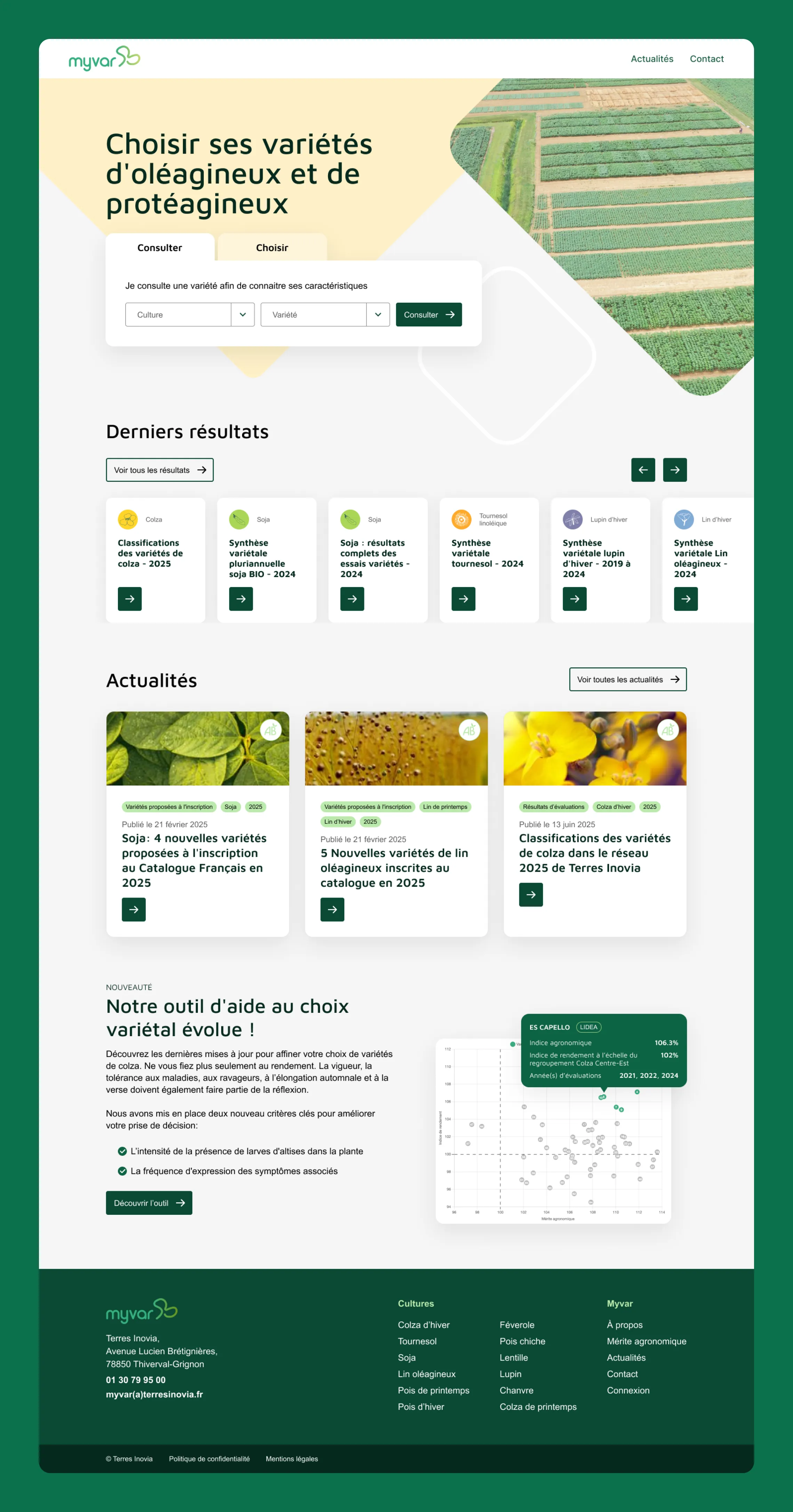 Page d'accueil Myvar avec module de recherche à double intention pour les producteurs d'oléagineux français