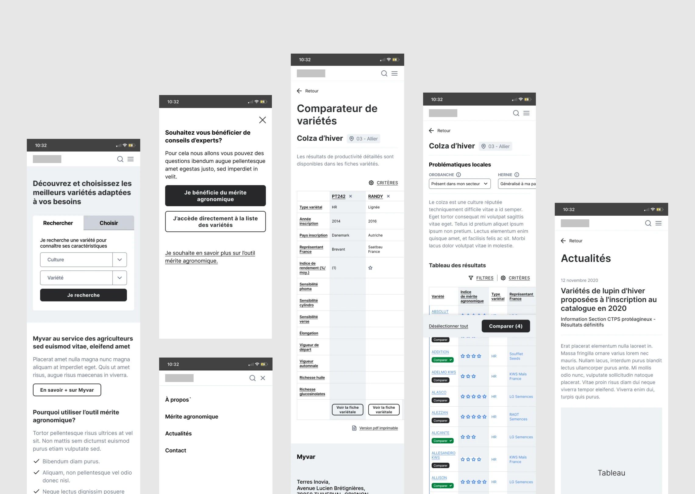 Wireframes mobile de l'outil Myvar pour les producteurs d'oléagineux